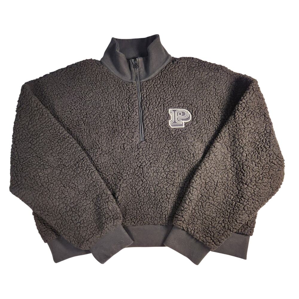 Victoria's Secret PINK Black Sherpa Cropped Half Zip Pullover Sweater Size Large